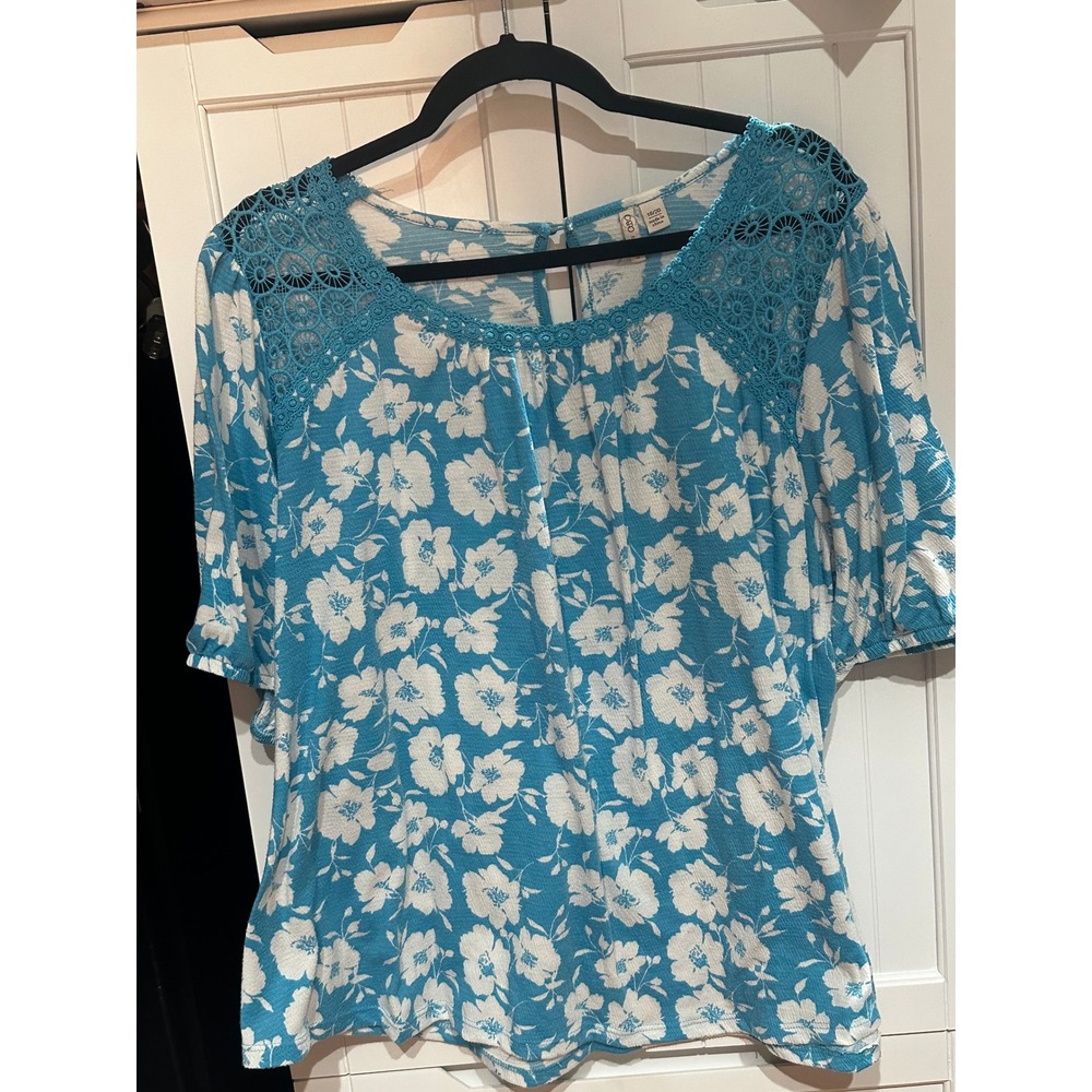 Cato Women Blue White Floral Crochet Lace Short Sleeve Blouse Top Plus 18/20